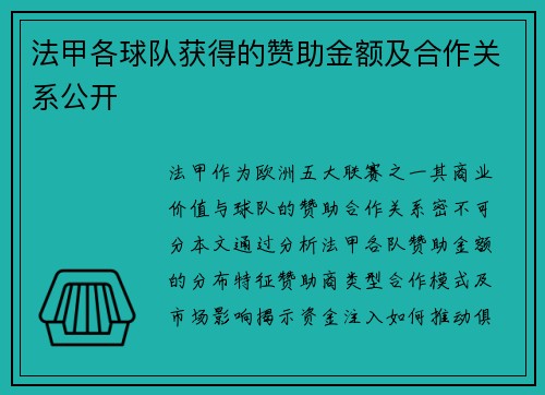 法甲各球队获得的赞助金额及合作关系公开