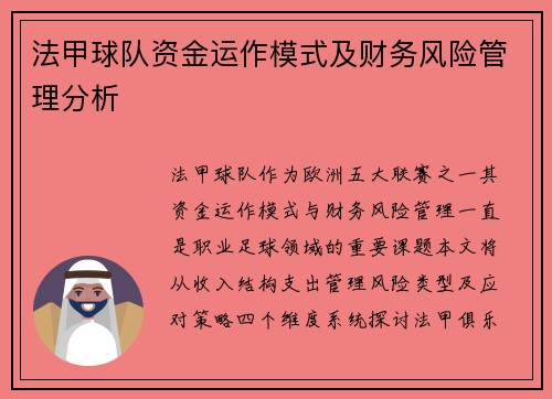 法甲球队资金运作模式及财务风险管理分析