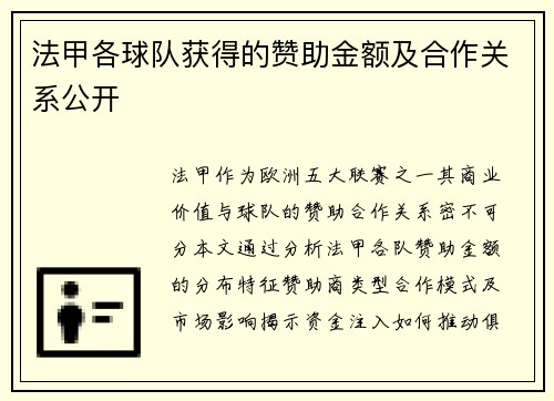 法甲各球队获得的赞助金额及合作关系公开